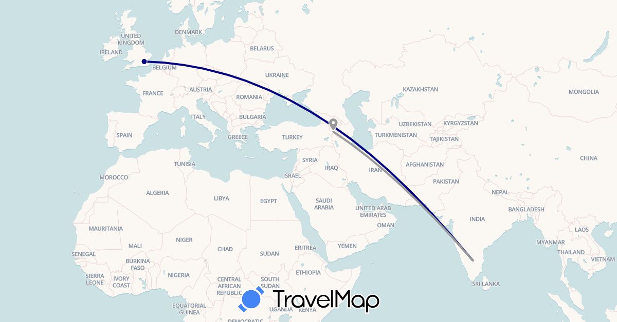 TravelMap itinerary: driving, plane in United Kingdom, India (Asia, Europe)